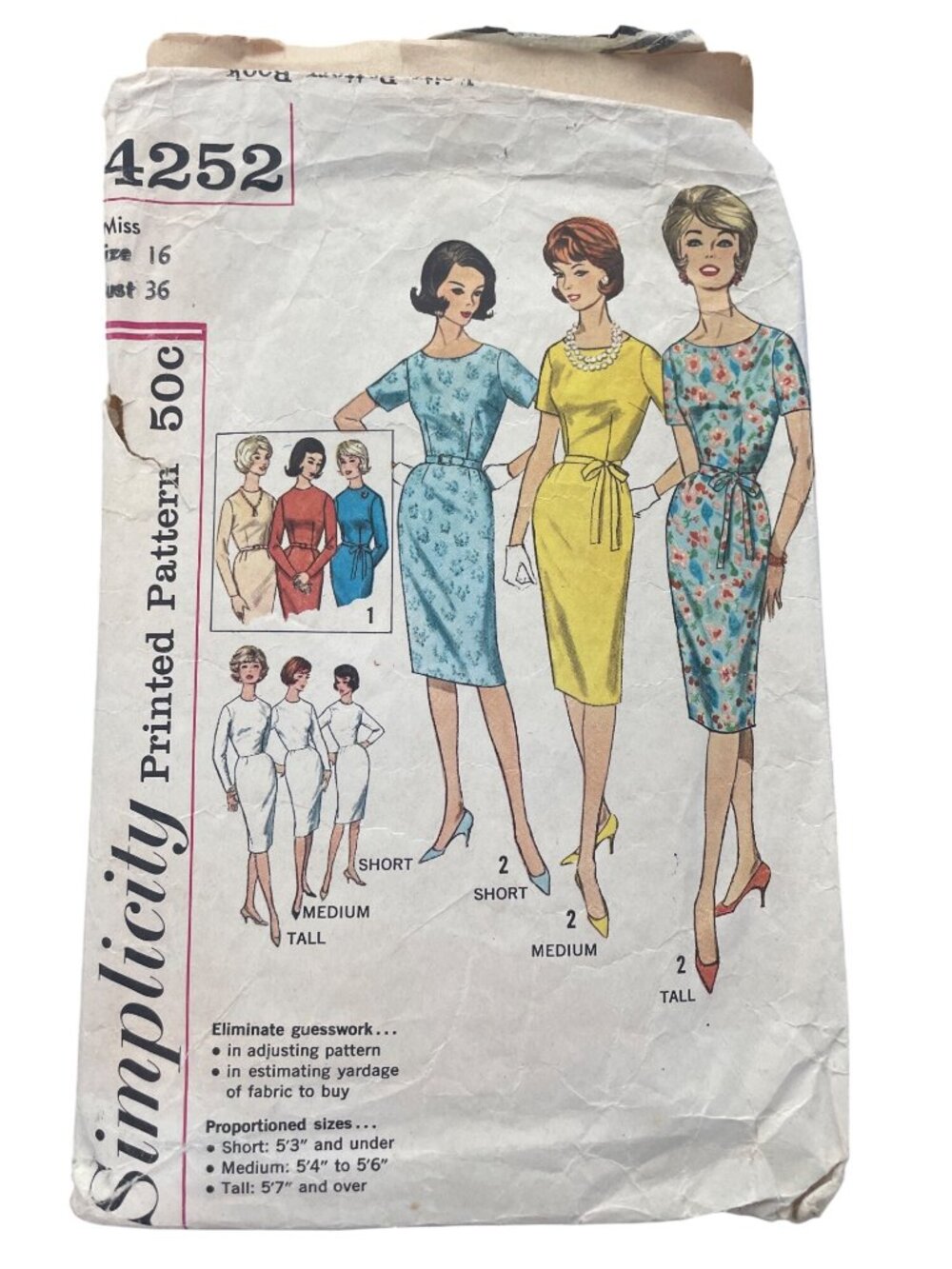 Vintage 50s 60s Simplicity 4252 Sewing Pattern Size 16 One Piece Dress CUT